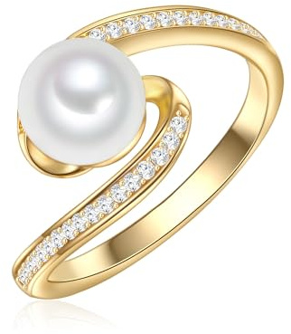 Valero Pearls Damen Ring 925/- Sterling Silber gelbgold | gelbvergoldet 14 Karat, Perlenring, Zirkonia, weiß, Süßwasser-Zuchtperle, ca. 6,0 - 7,0 mm, weiß, rund