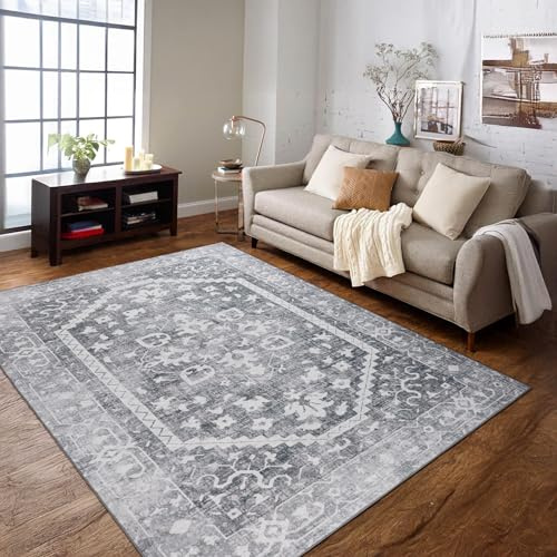 TUKDAK Vintage Area Rug for Living Room 120x180cm, Grey Washable Bedroom Large Rugs Short Pile, Soft Floor Carpet with Non-slip Rubber Backing, Floor Mats for Dining room Kitchen Nursery