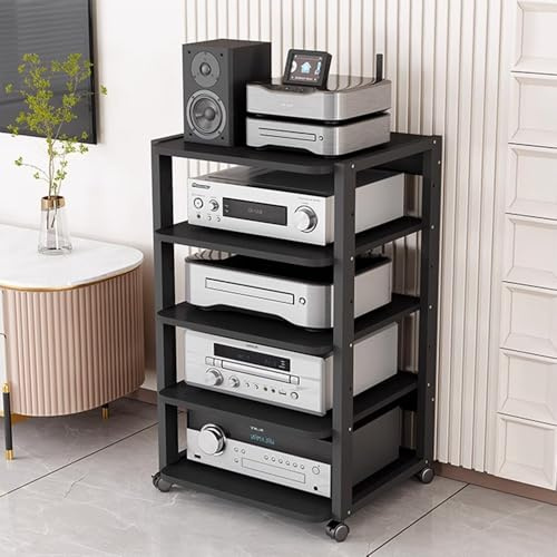 IMUNKT Medienständer HiFi Regal Audio Rack Beweglicher Schwarz Medienschrank 3/4/5/6 Ebenen Spielekonsolen Aufbewahrungsschrank Für Plattenspieler & Stereoanlagen(5-Tier(90cm high))