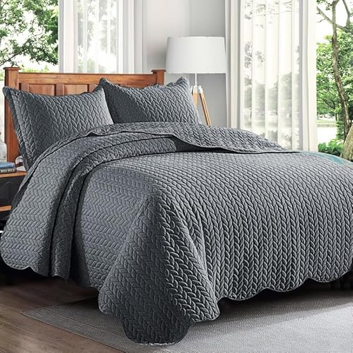 Trendy Realm Quilt Mono Bedspread 3 Pieces Set – Coverless Quilted Leaf Motif Bedspread, Comforter Throw, Summer and All-Season Lightweight Bedding Sets, with 2 Pillow Shams (King, Grey)