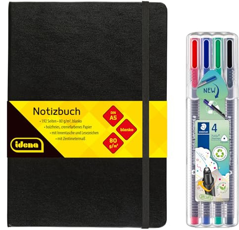 Idena 90328 - Notizbuch DIN A5 mit 192 Seiten, blanko, inkl. 4 STAEDTLER Triplus Fineliner mit superfeiner, metallgefasster Spitze, 0.3 mm