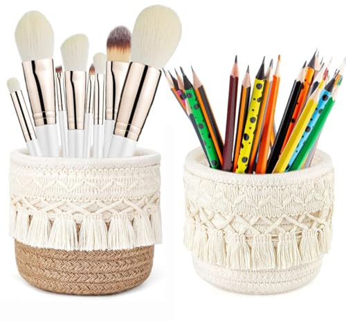 YANJINGHE 2 Piezas Organizador de 10x10 cm para Brochas de Maquillaje, Mini Cesta de Almacenamiento Segura Bohemia, Soporte Multiusos para Maquillaje, Bolígrafos, Lápices y Accesorios (Blanco, Caqui)