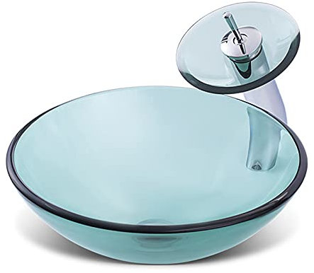 JYBNBBE Lavandino da appoggio per Bagno, lavabo da appoggio in Vetro temperato Verde Chiaro con Rubinetto a Cascata e Scarico a Scomparsa, lavabo da appoggio per Bagno, B,A