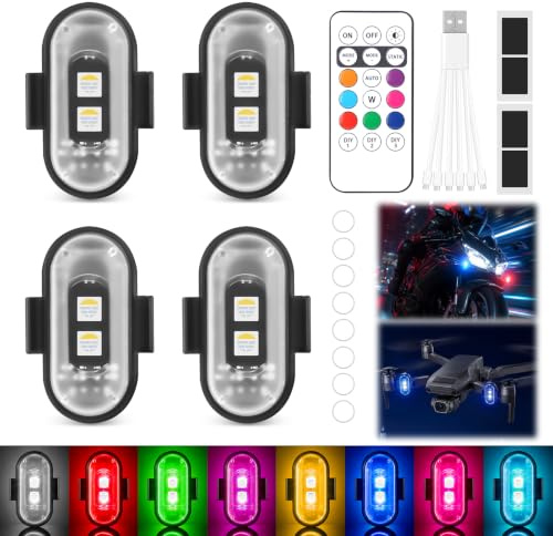 Mineup 4 Pezzi Strobe Drone Light Flash, 8 Colori Drone LED Luci Notturne Di Segnalazione Di Allarme, Luce Stroboscopica Del Dron, Ricarica USB Luci Flash, Luce Lampeggiante a LED Per Droni Moto | Telecomando flash con telecomando, ricarica USB, luce anti-collisione, luce LED per aereo, per drone e moto