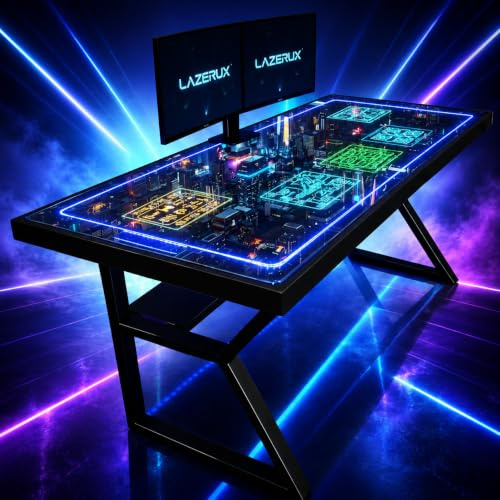 lazerux Mesa Gaming 160×60 cm con Cristal Templado Personalizable | Fondo Intercambiable Gaming, Leds RGB Integrados, Escritorio Gamer con Ventosa para Cristal | Mesa Escritorio PC Gaming
