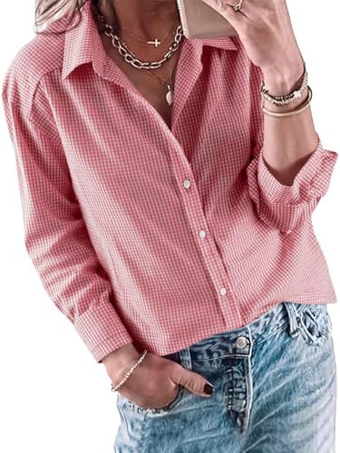Cicy Bell Damen V-Ausschnitt Bluse Elegant Lässig Langarm Button Down Karierte Blusen Casual Business Top Hemdbluse Lockere Shirts Tunika Oberteil Rot L