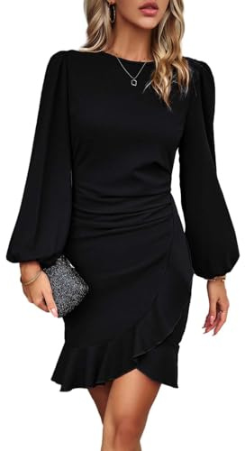 VHUQGVU Abito da Donna con Maniche Lunghe Vita Definita Aderente Elegante per Ufficio Unita Abito Donna Cocktail,Nero,S