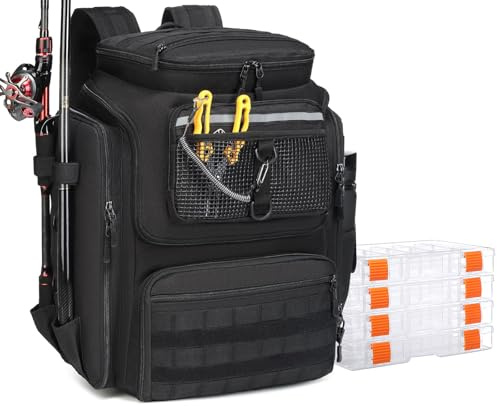 BlesMaller Zaino da pesca con 4 scatole e supporti per canna da pesca da 45 l, impermeabile, per pesca, escursionismo, campeggio, trekking (nero)