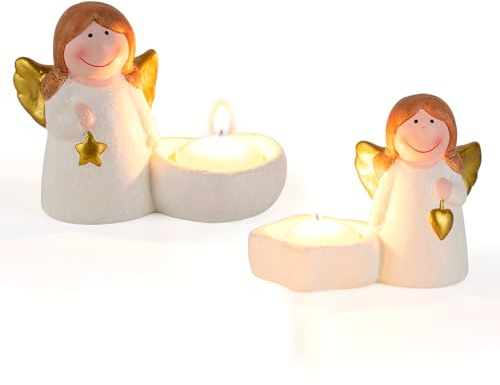 Staymoment Engel Deko Weihnachten Kerzenständer: 2er Set Weihnachtsengel Teelichthalter Engel Figur Keramik Schutzengel Figur Kleine Angel Weihnachtsdeko Innen Tischdeko