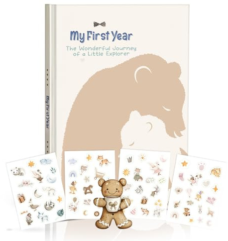 My First Year Baby Erinnerungsbuch - A4 Tagebuch & Erinnerungsalbum mit bezauberndem Bären-Thema, inklusive 66 Aufklebern, geeignet für Geburt, Taufe & Babyparty
