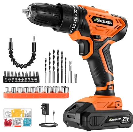 WorkBless 21V Power Drill with Battery 2000mAh and Charger Orange | Cordless Drill with 40N.m Max, 3/8'' Keyless Chuck, 20+1 Torque Hammer Drills with 2 Speed, 28pcs Drills Set
