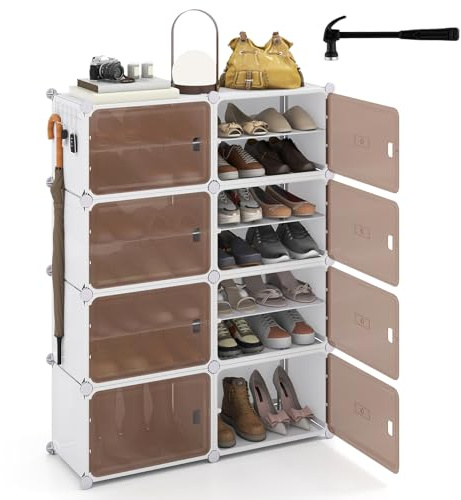 COSTWAY Schuhregal mit 8/10 Fächern, Schuhschrank Kunststoff inkl. herausnehmbaren Regalen, stapelbare Schuhboxen, transparente Schuhorganizer für 32-40 Paar Schuhe (8 Fächern)