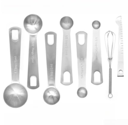 Lot de 7 cuillères à mesurer en acier inoxydable avec double échelle (ml/cuillère à café/cuillère à soupe), anneau amovible, bords lisses, pour la cuisson et la cuisine (8+)