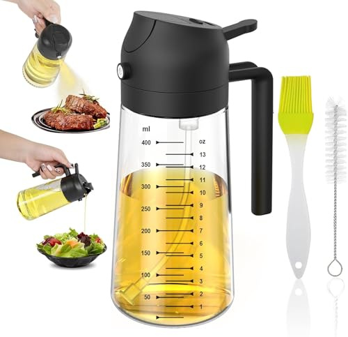 IBISTORA 2-in-1 Glass Oil Spray Bottle & Dispenser – 470ml Bottle for Cooking, Oil Dispenser & Spray bottles for Kitchen Use, Air Fryer, BBQ, Salad Dressing, Refillable, Leakproof, Food Grade