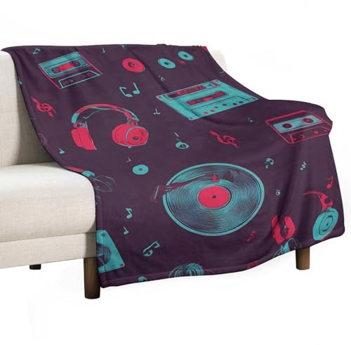 Vinyl Records Musical Notes Cassette Fleece Throw Blanket Plush Blankets for Sofa Bed Pet Couch Car Decorative