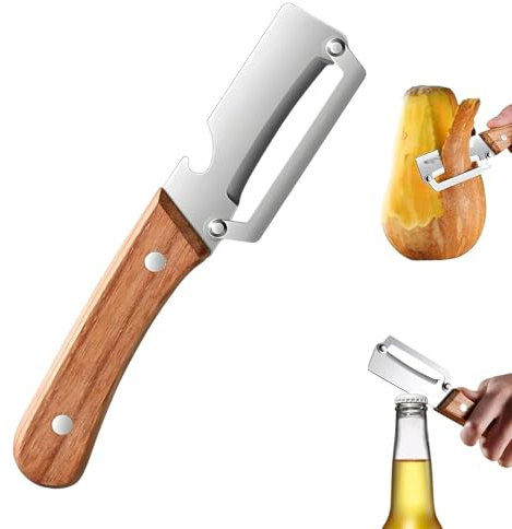 2 in 1 Stainless Steel Vegetable Peeler with Wooden Handle, Ergonomic Potato Peeler and Bottle Opener, Sharp Blade for Apple, Kiwi, Orange, Easy Grip Kitchen Tool (1PC)