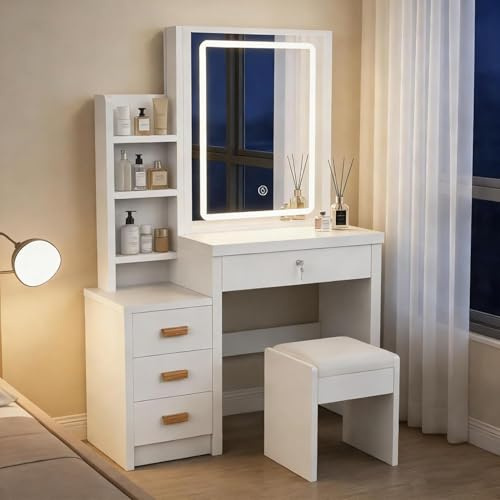 BPMIO Schminktisch Weiß, Kosmetiktisch mit Spiegel & Hocker, Frisierkommode mit LED-Beleuchtung Set, Frisiertisch mit 4 Schubladen, Schlafzimmermöbel Vanity Set, 135 * 80 * 36cm