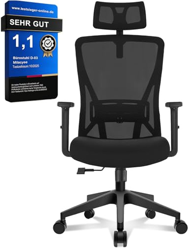 Milacyee Ergonomischer Bürostuhl mit Lordosenstütze, Schreibtischstuhl mit höhenverstellbaren Armlehnen & Kopfstütze, Netzstuhl bis 150 kg, Leise Rollen für Homeoffice, Schwarz