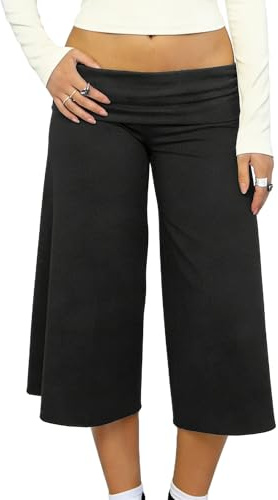 Svuitmsl Pantalon court évasé pour femme - Coupe ample - Taille basse - Extensible - Style palazzo - Pantalon capri