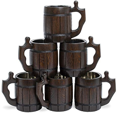 MyFancyCraft Set of 6 Beer Mug 20 OZ - Tankard Mug - Beer stein - Wooden beer mug - Stainless Steel Cup - Handmade Gifts for Men - Fathers Day, Christmas or Birthday Gift Idea - Barrel Brown