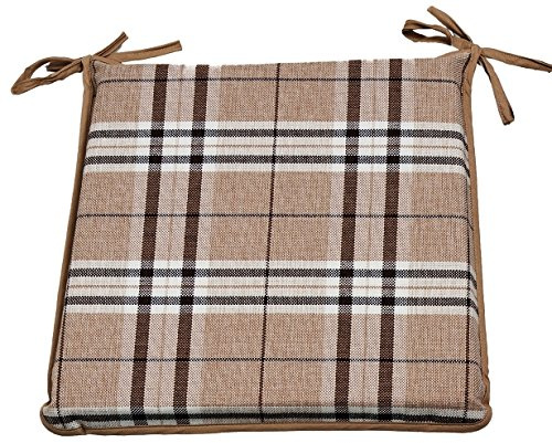 CnA Stores Set of 4 Tartan Check Reversible Kitchen Dining Garden Chair Cushion Seat Pads With Ties Zipped Removable Covers (Beige)