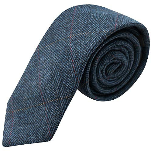 King & Priory Luxury Herringbone Denim Blue Tweed Tie, Mens Necktie