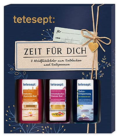 tetesept Bäder Geschenkset Zeit für Dich - Badezusatz Probierset mit Geschenkanhänger - das ideale Präsent für jeden Anlass - 1 x Wohlfühlbäder Badeset (3 x 20 ml)