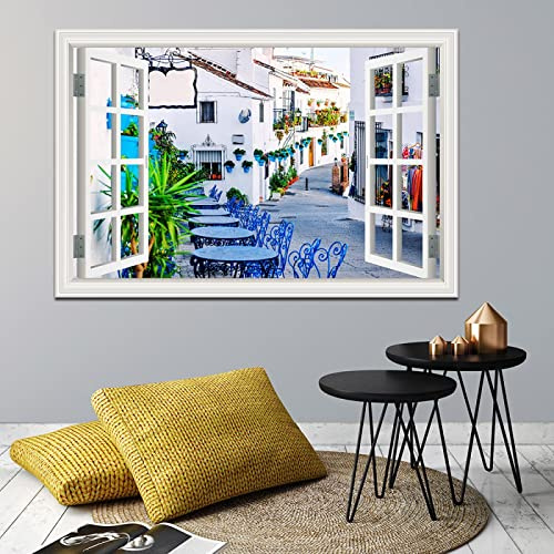 Fausse Fenêtre Tableaux de rue de la ville de Mijas,Impression de la nature sur toile,Image pour Salon Chambre Tableau Decoration Murale 30x45cm(12x18in) Sans cadre