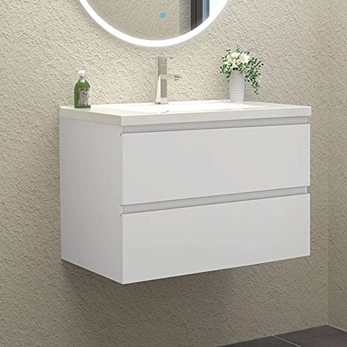 HAPAOSO Waschbecken mit Unterschrank Badezimmer 80 cm Breit Badmöbel Set mit Waschbecken und 2 Soft-Close Schubladen Waschtisch Unterschrank Weiss für Badezimmer Hängend