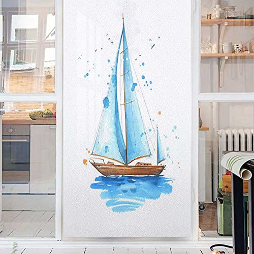 Window Film Privacy 3D Decorative Window Film Static Cling Window Door Covering No Glue for Home Office Sun Blocking, Watercolor Hand Drawn Sailboat Art Blue 23.6Wx35.4L-inch