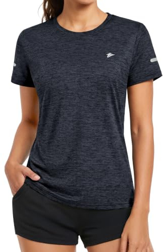 KEFITEVD Melange sportskjorta för kvinnor, kortärmad med reflexränder, andas, stretch, funktionell skjorta, rund hals, lätt t-shirt, snabbtorkande, löpartröja, normal passform, Melerad svart, XXL
