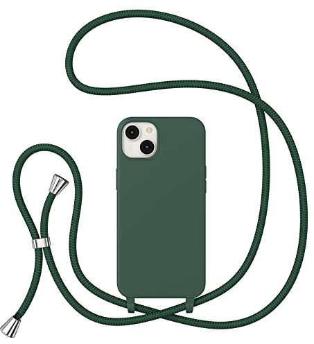 ZTOFERA Crossbody Lanyard Case for iPhone 14 (6.1), Liquid Silicone Protective Phone Case with Adjustable Strap Neck Cord Necklace Girls Women Soft Cover for iPhone 14/13, Dark Green