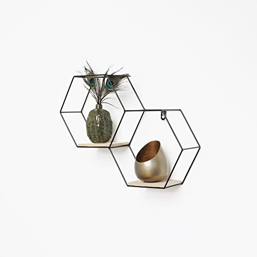 IVOL Waben Wandregal Schwarz 30,5x41 cm, Hexagon Metall Wandregal mit 2 Holzböden, hängendes Dekoregal, modernes Wohnzimmer Regal für Wanddeko, Schlafzimmer, Flur, Büro & stilvolle Deko-Optik zuhause