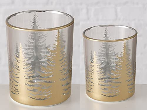 Windlicht Set 2-teilig – Teelichthalter aus Glas mit Goldener Tannenwald-Silhouette – edle Deko für Weihnachten, Advent & Winter – 8×10 cm & 7×9 cm (Winterwald Gold 2er Set)