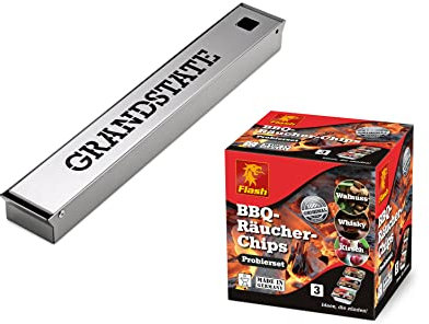 GRANDSTATE Edelstahl Räucherbox für Grillgeräte, Klappdeckel zur Öffnung, inklusive Räucherchips-Probierset mit 3 verschiedenen Geschmackssorten (Walnuss, Whiskey, Kirsche)