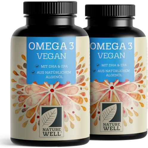 Omega-3 Vegan 180 Kapseln hochdosiert, 2000mg Omega-3 Algenöl pro Tag mit 600mg DHA & 300mg EPA, veganes Omega aus nachhaltigem Anbau als Fischöl-Alternative, laborgeprüft mit Zertifikat, NatureWell
