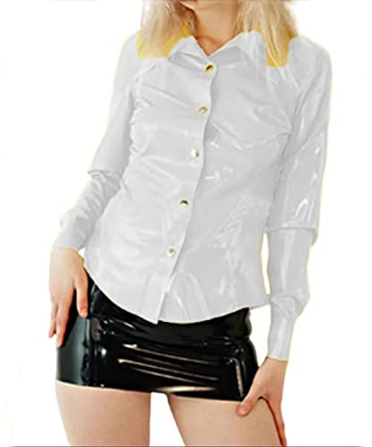 Kontor dam höst PVC bodycon långärmade toppar PU-läder skjortor topp knapp upp elastisk jacka blus, silver, XXL