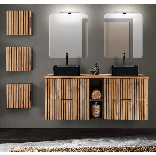 Lomadox Badmöbel Set Front Rillen schwarz Doppelwaschtisch mit Regal 141 cm Keramik Aufsatzwaschbecken 3 Hängeschränke Spiegel Aufbauleuchte anthrazit Wotan Eiche Nb.