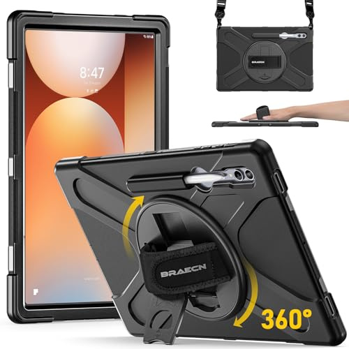 BRAECN Cover per Samsung Galaxy Tab S10 Ultra/S9 Ultra/S8 Ultra - Nero | 14.6 Pollici Antiurto Robusto Custodia con Supporto Girevole a 360° e Cinturino a Mano, Portapenne, Tracolla Portatile
