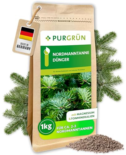 Purgrün® Nordmanntanne-Dünger 1 kg – Organisch-mineralische Rezeptur – Feinkörniges Krümelgranulat – NPK 9+4+8 – Extra Magnesium für leuchtend grüne Tannennadeln – Verbessert die Bodenqualität