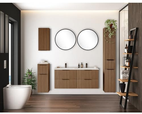Lomadox Badmöbel Set 6-teilig in Eiche, Doppelwaschtisch 120 cm, 2 x LED Spiegel rund