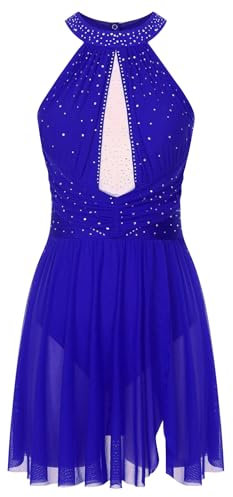 TiaoBug Damen Neckholder Ballettkleider Ärmellos Tanzkleider Glitzer Strass Skaterkleid Latein Lyrisch Modern Eiskunstlauf Bekleidung Blau M