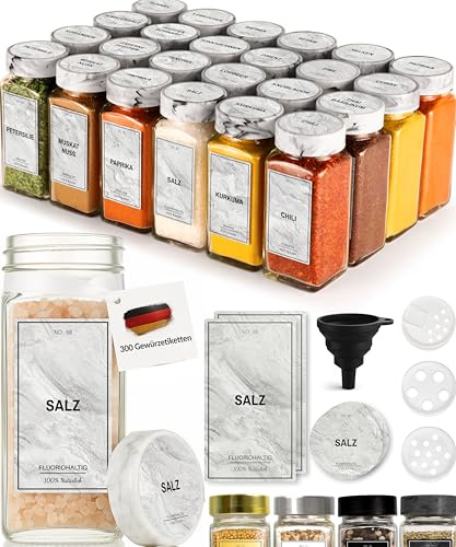 Greeano Mamor Weiß Gewürzgläser Set [24 x 120ml] mit 300 Gewürzetiketten [DE] - Gewürzgläser eckig mit Streueinsatz - Gewürzdosen Set - Gewürzbehälter Glas - mit Streueinsatz