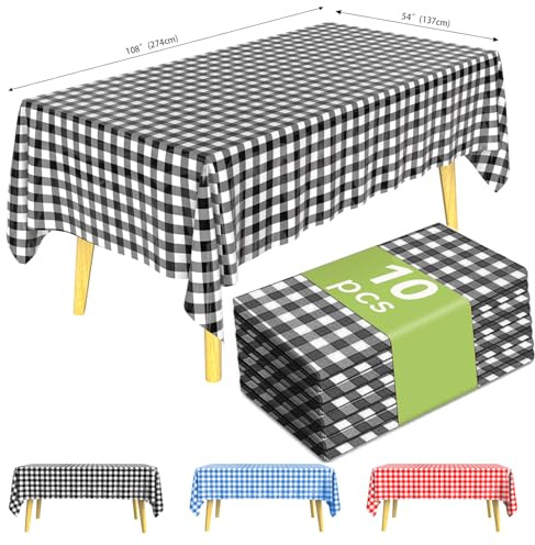 KAshack Einweg Plastic Tischdecke 10 Stück -137x274cm Schwarzes-Weiß Kariert Rechteckig Outdoor Tischdecke,Wasserdicht Party Tischdecken für Picknick, Gartentischdecke(10,Schwarzes,137x274cm)