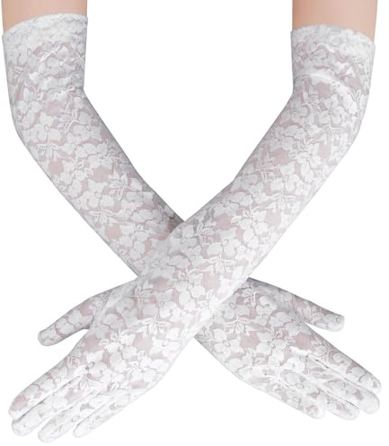 Yolev Long Lace Gloves, Floral Elbow Gloves for Women, Wedding Party 1920s Lace Opera Glove for Dinner Parties Wedding Bridal Dance Cosplay Halloween(white)