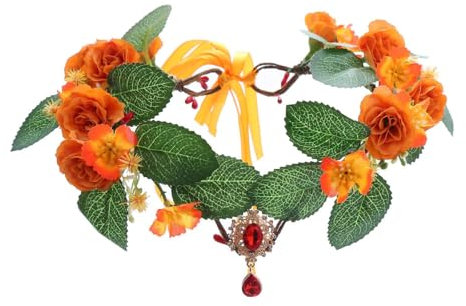 Whakano Blumenkranz Haare Haarkranz mit Kristall,Kommunion Hochzeit Stirnband Damen,Waldfee,Haarbände mit Verstellbarer Band,Haarschmuck für Festival Party Hochzeit Strand Cosplay,Orange
