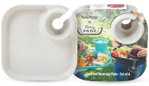 Fancy Panz Party Plates with Cup Holder - Set of 4 White Reusable BPA Free Plastic Plates with Built In Drink Holder - Charcuterie & Snack Plates for Parties, Tailgates, BBQs & Entertaining