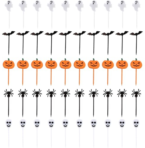 50 Stück Halloween Obstgabel, Cupcake Topper Tortendeko, Kuchendeko | 5 Designs · Lebensmittelsicher · Wiederverwendbar