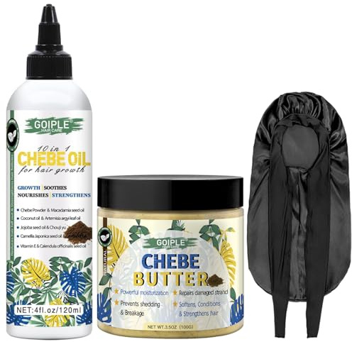 Huile Capillaire Chebe Naturelle pour la Pousse des Cheveux Huile de Chebe Hydratante pour le Cuir Chevelu, Poudre de Chebe Africaine pour la Pousse des Cheveux Plus Forts,Bonnet Tresse pour Dormir