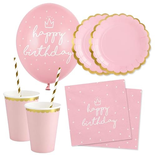 Decoraparty Kit Festa Rosa per 12 Persone, Addobbi Stoviglie Decorazioni da Tavola per Compleanno Bambina Party Happy Birthday 6 palloncini, 20 tovaglioli, 12 piatti, 12 bicchieri, 20 cannucce (70 pz)